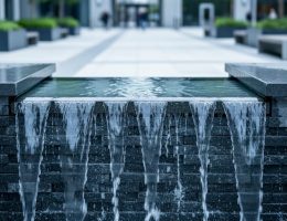 Close-up of water cascading over dark granite and basalt blocks in a commercial fountain, with crisp edges and water beading, set against a softly blurred urban plaza and landscaping.
