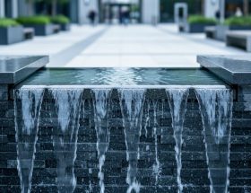 Close-up of water cascading over dark granite and basalt blocks in a commercial fountain, with crisp edges and water beading, set against a softly blurred urban plaza and landscaping.