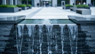 Close-up of water cascading over dark granite and basalt blocks in a commercial fountain, with crisp edges and water beading, set against a softly blurred urban plaza and landscaping.