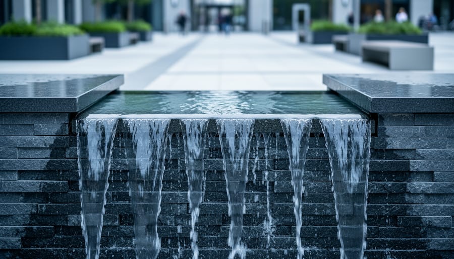 Close-up of water cascading over dark granite and basalt blocks in a commercial fountain, with crisp edges and water beading, set against a softly blurred urban plaza and landscaping.