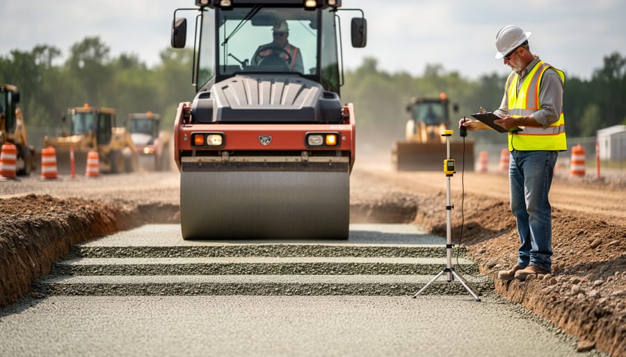 Worker operating plate compactor on crushed stone base during paver installation