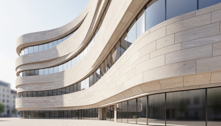 Modern building with curved natural stone facade featuring intricate patterns and textures