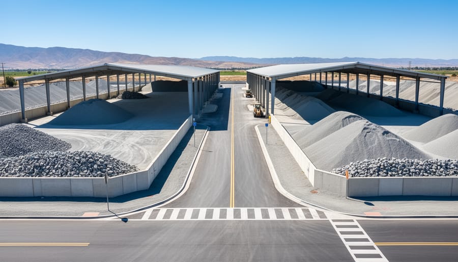 Organized stone yard facility with dust control infrastructure and paved roads