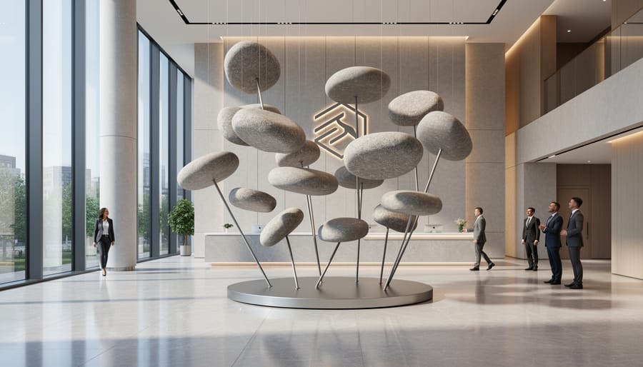 Kinetic stone column installation in modern corporate office lobby with visitors