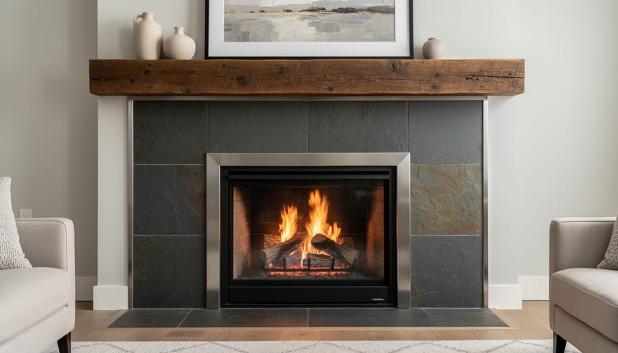 Modern fireplace with slate stone surround and wooden mantel in contemporary living room