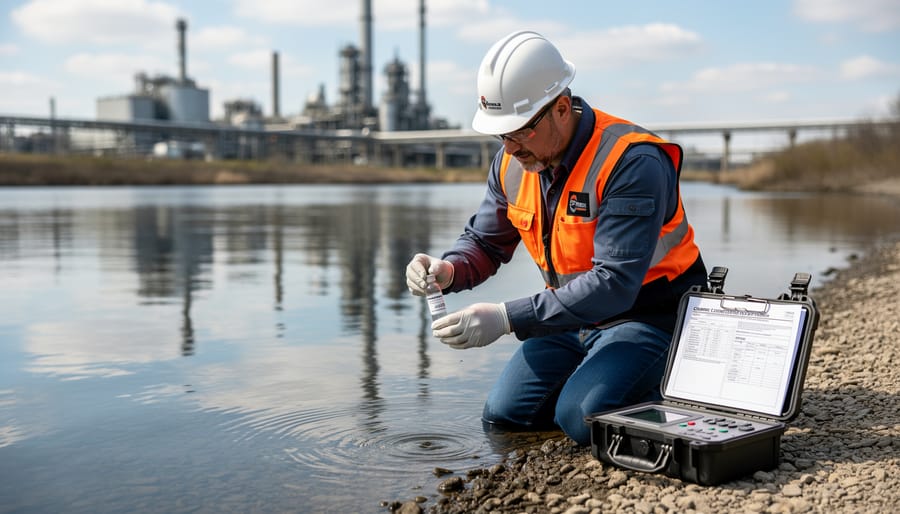 Environmental scientist collecting water sample for quarry compliance testing