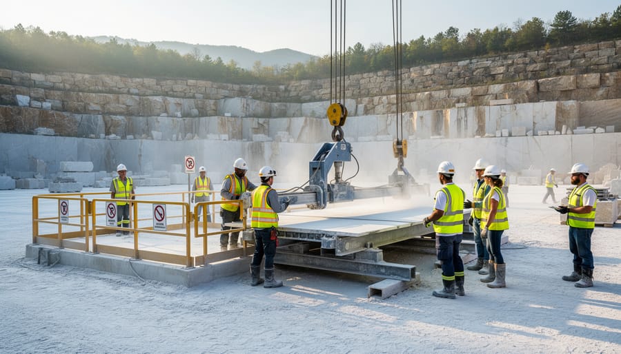Quarry worker examining natural stone sample with proper safety equipment