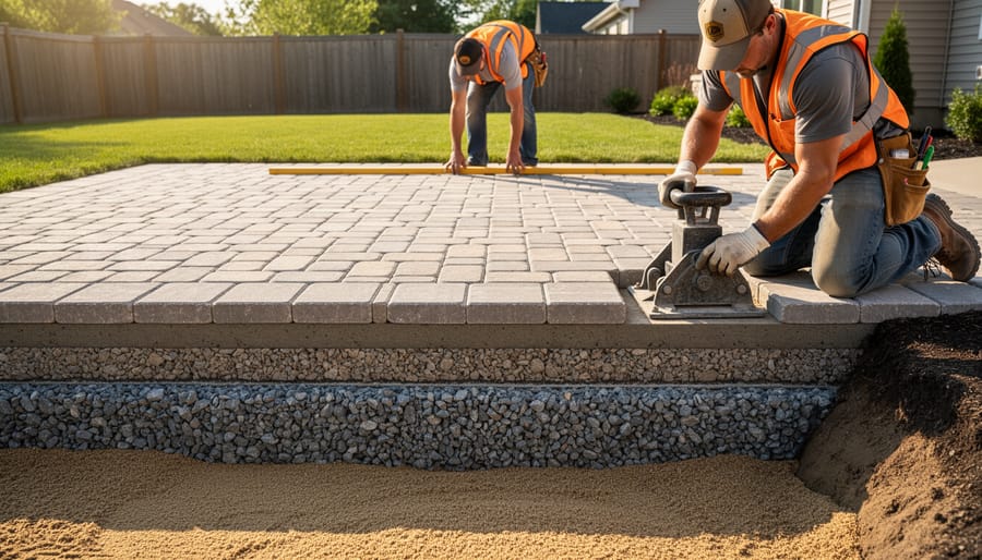 Overhead view of excavated paver installation site showing prepared substrate layers