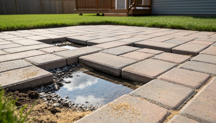 Damaged patio with sunken and uneven natural stone pavers showing settlement issues