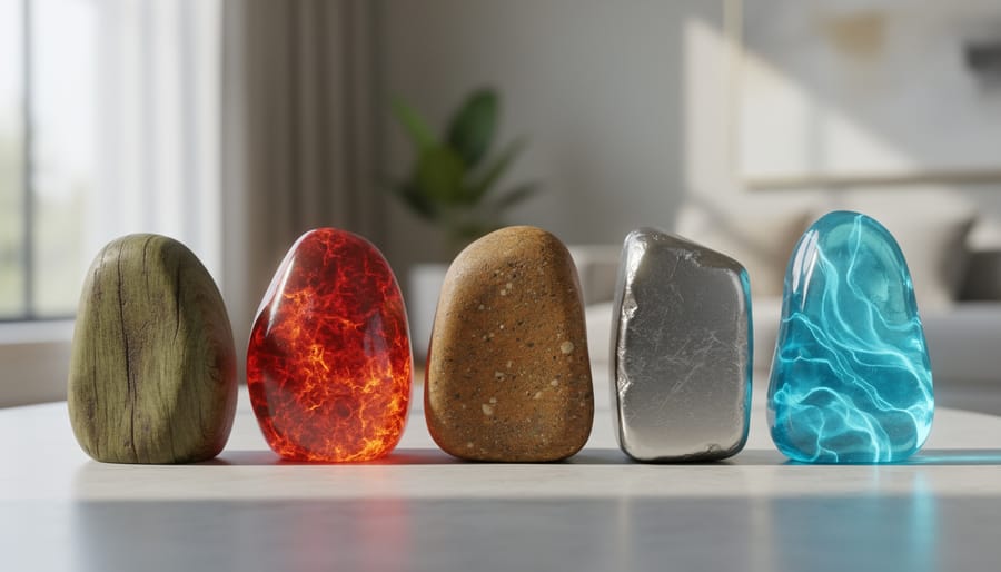 Five different natural stone samples in various colors arranged on wooden kitchen counter