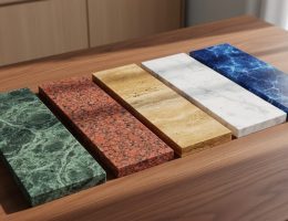 Five stone samples—green serpentine, red granite, golden travertine, white marble with grey veining, and deep blue marble—arranged on an oak tabletop with blurred wooden cabinetry in the background.