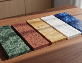 Five stone samples—green serpentine, red granite, golden travertine, white marble with grey veining, and deep blue marble—arranged on an oak tabletop with blurred wooden cabinetry in the background.