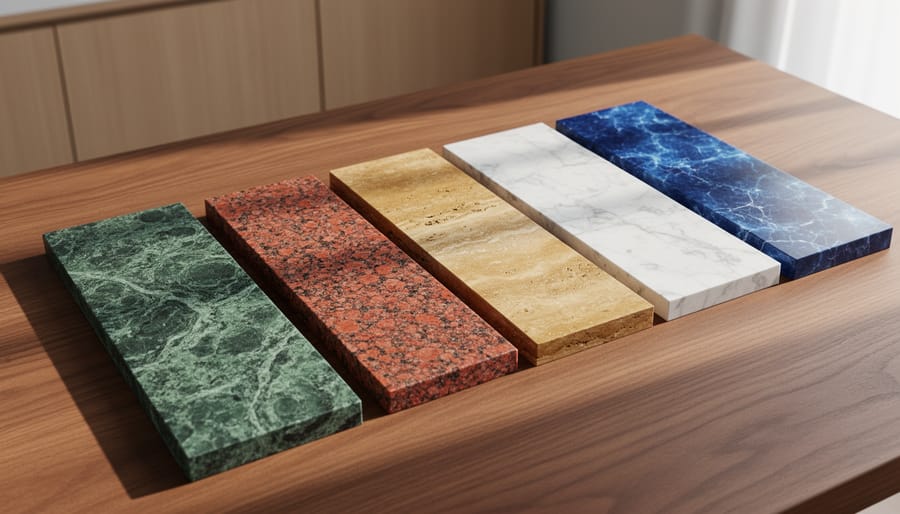 Five stone samples—green serpentine, red granite, golden travertine, white marble with grey veining, and deep blue marble—arranged on an oak tabletop with blurred wooden cabinetry in the background.
