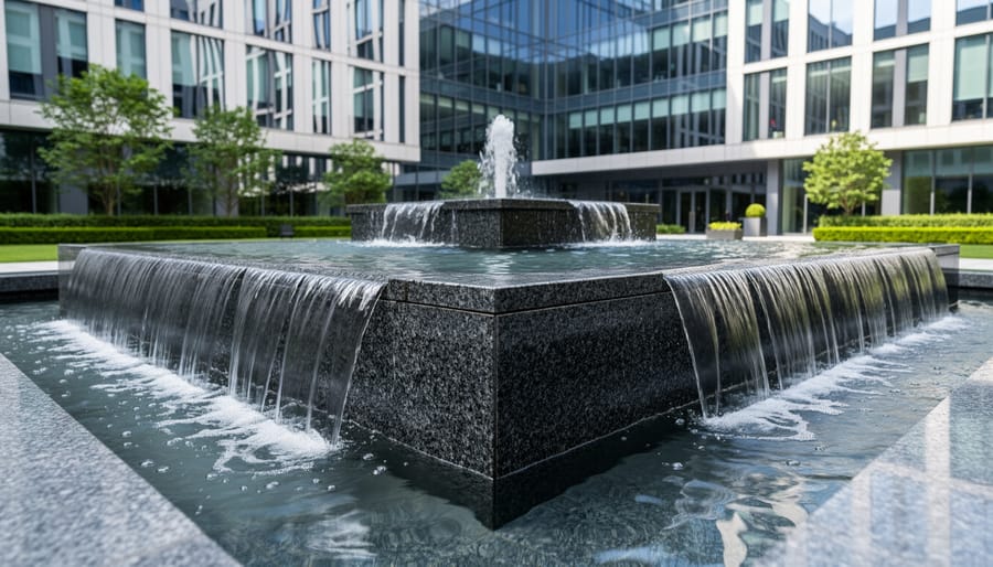Black granite water feature with flowing water in commercial setting