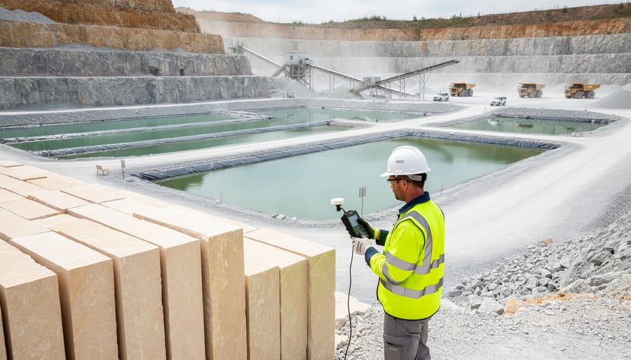 Engineer in a high-visibility vest checks an air monitoring device beside lined settling ponds and stacked limestone blocks at an active quarry, with terraced rock walls, haul trucks, and conveyors in the background under bright overcast light.
