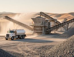 Water truck spraying fine mist to control dust at a stone quarry in Kern County, California, with crusher, conveyor belts, aggregate piles, and arid hills under warm late-afternoon light.
