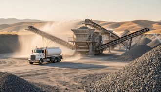Water truck spraying fine mist to control dust at a stone quarry in Kern County, California, with crusher, conveyor belts, aggregate piles, and arid hills under warm late-afternoon light.