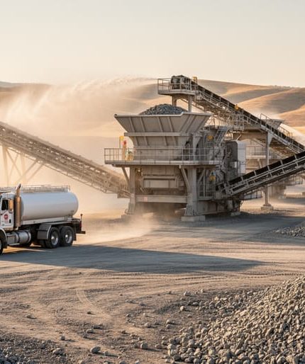 Water truck spraying fine mist to control dust at a stone quarry in Kern County, California, with crusher, conveyor belts, aggregate piles, and arid hills under warm late-afternoon light.