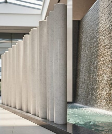 Kinetic stone installation in a modern corporate lobby with rotating polished marble columns and a shimmering textured stone water wall, photographed at eye level with soft daylight and blurred visitors in the background.
