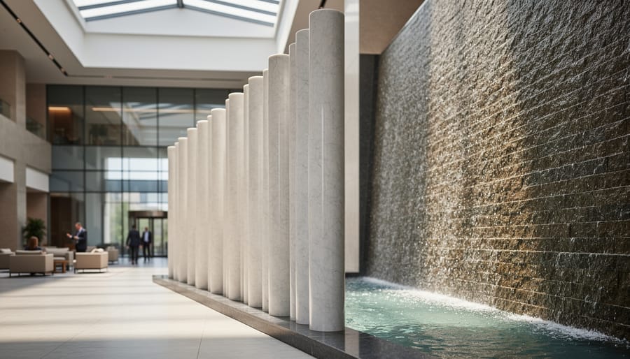 Kinetic stone installation in a modern corporate lobby with rotating polished marble columns and a shimmering textured stone water wall, photographed at eye level with soft daylight and blurred visitors in the background.