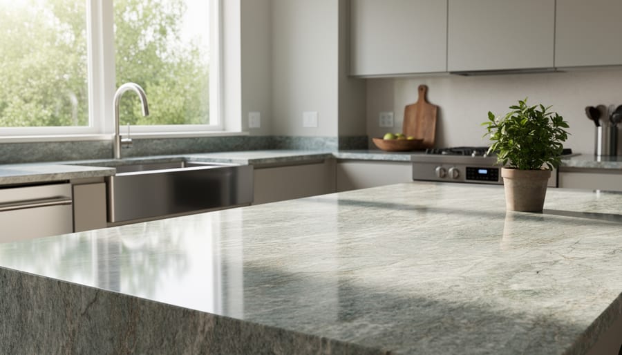 Modern kitchen with natural stone countertops and fresh ingredients