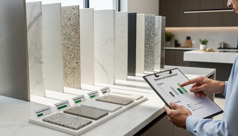 Modern kitchen interior with honed limestone island countertop showing natural stone veining