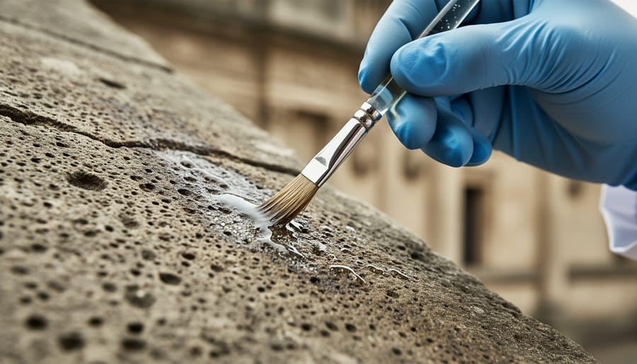 Extreme close-up of weathered limestone surface showing porous stone texture and grain detail