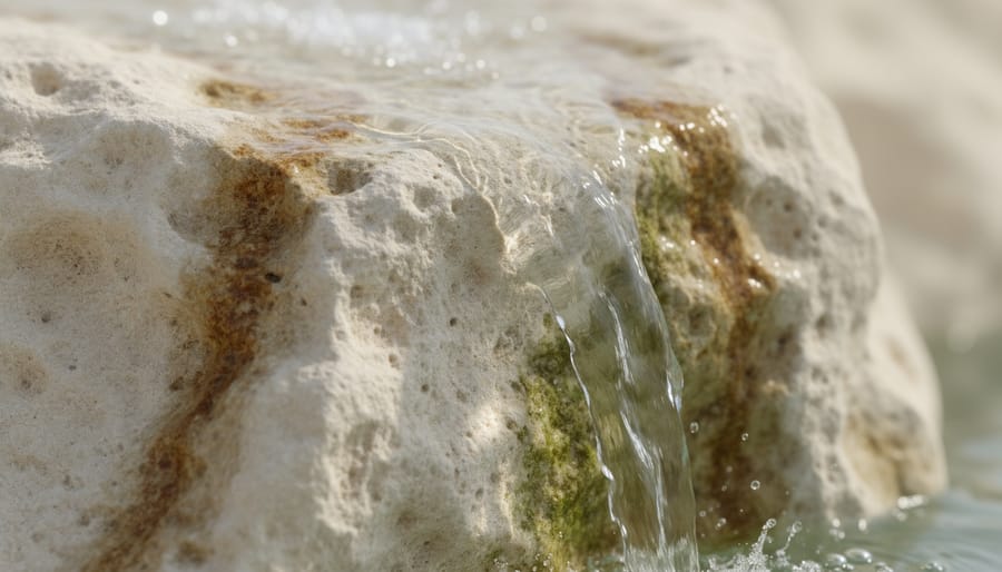 Close-up of weathered limestone showing water damage and erosion patterns