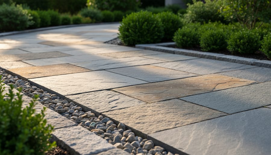 Well-maintained travertine patio showing proper drainage and clean stone surfaces