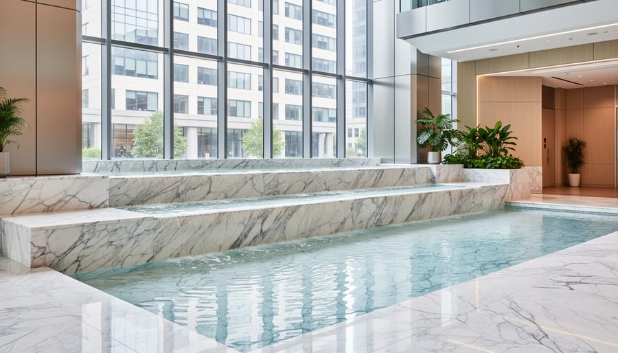 Luxury white marble water feature with cascading water in commercial interior
