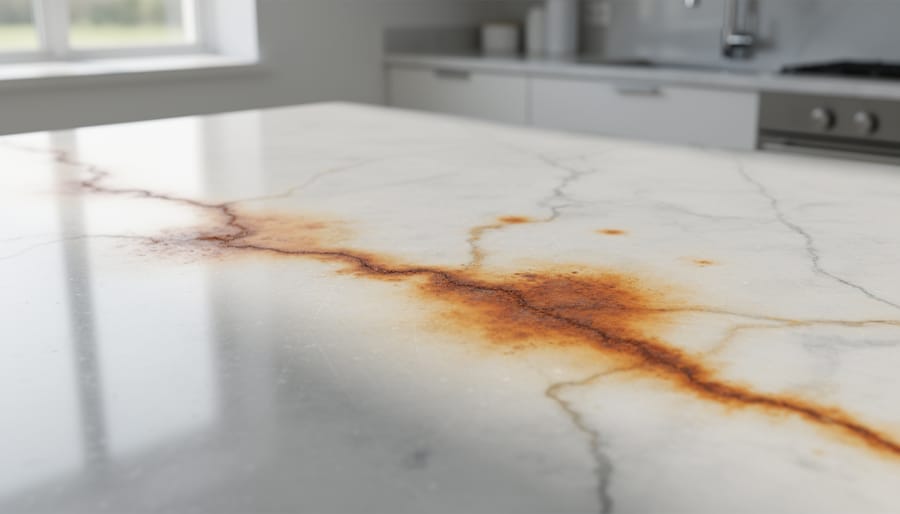 Close-up of white marble countertop showing rust and yellow oxidation staining