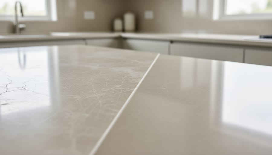 Close-up of marble countertop surface showing minor etching and wear patterns