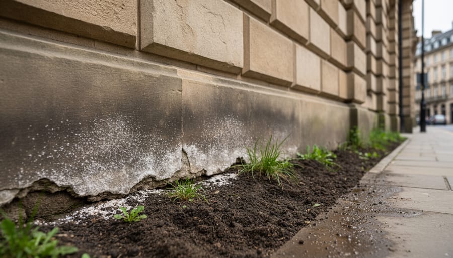 Stone building facade showing moisture staining and salt damage at ground level