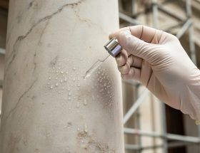 Close-up of a gloved conservator using a dropper to apply a clear nano-protective solution to a weathered marble column, with water droplets beading on the treated stone and blurred scaffolding and historic masonry in the background under soft daylight.