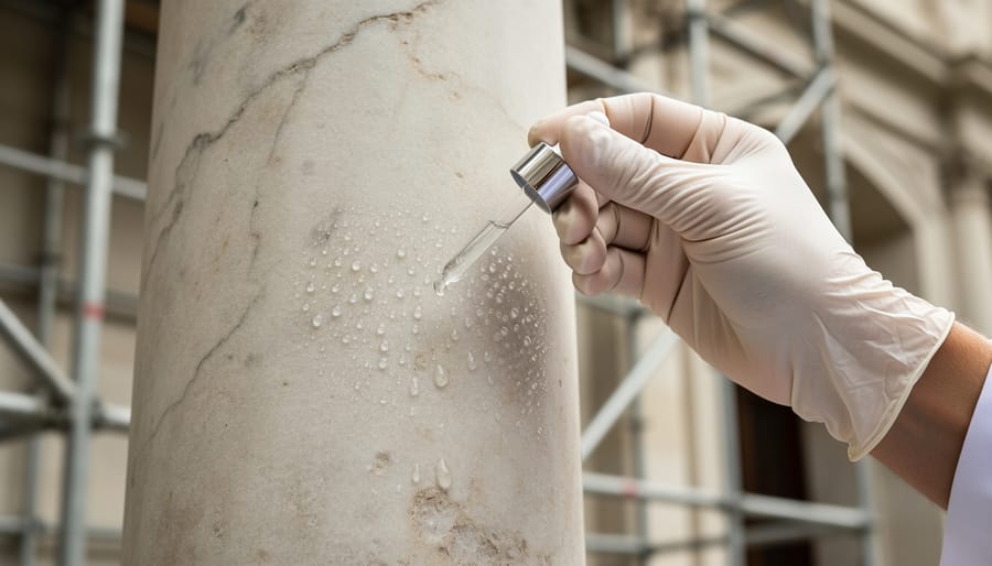 Close-up of a gloved conservator using a dropper to apply a clear nano-protective solution to a weathered marble column, with water droplets beading on the treated stone and blurred scaffolding and historic masonry in the background under soft daylight.