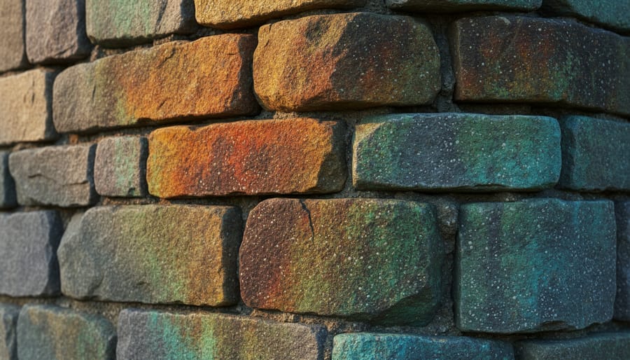 Weathered slate stone wall showing natural oxidation patina with green and rust tones