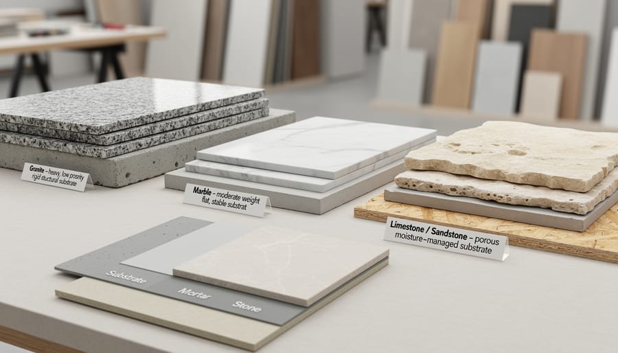 Close-up comparison of travertine, granite, and limestone pavers showing varied textures