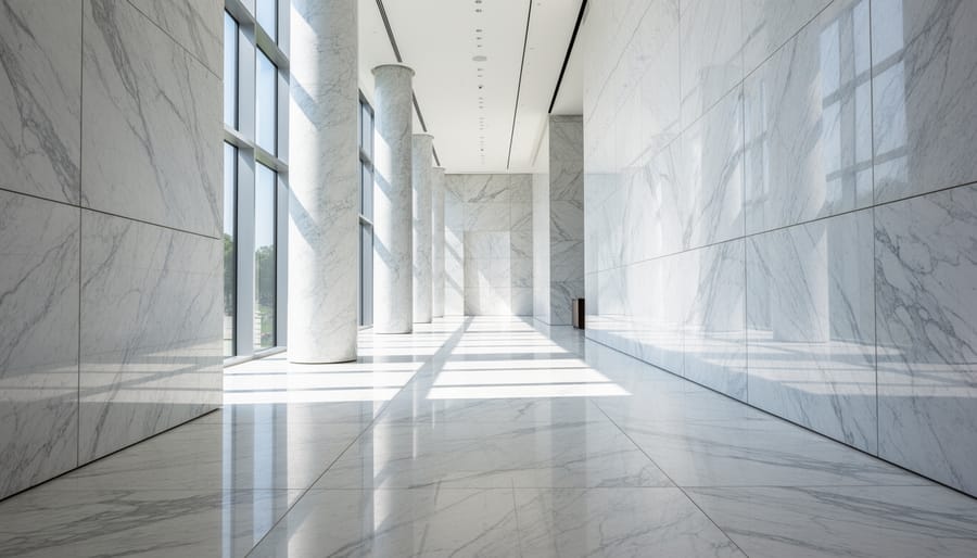 High-end kitchen installation with pristine white marble countertops and backsplash