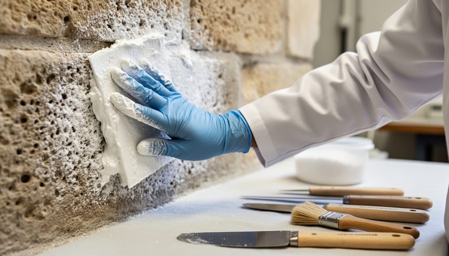 Conservation professional applying poultice treatment to extract salts from damaged stone