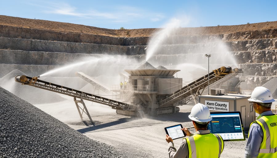 Stone quarry operations with active water spray dust suppression system