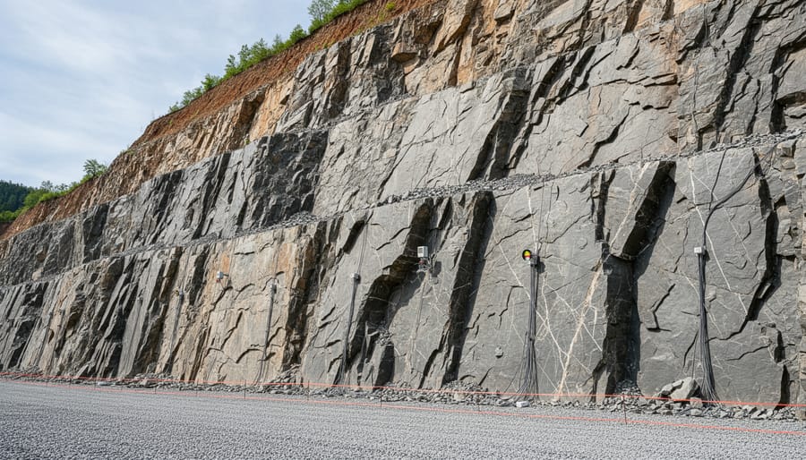 Tall quarry highwall showing exposed rock layers and natural geological features