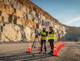 Two workers in high-visibility PPE operate a tripod-mounted laser scanner in front of a tall quarry highwall at golden hour, with safety cones marking an exclusion zone and quarry benches and equipment fading into the background.
