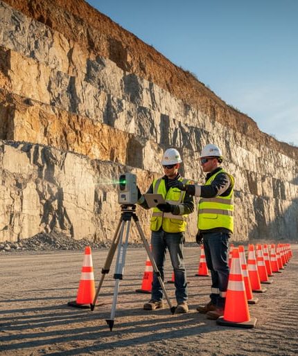 Two workers in high-visibility PPE operate a tripod-mounted laser scanner in front of a tall quarry highwall at golden hour, with safety cones marking an exclusion zone and quarry benches and equipment fading into the background.