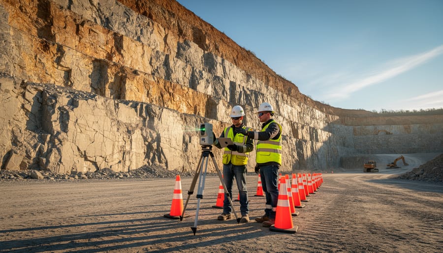 Two workers in high-visibility PPE operate a tripod-mounted laser scanner in front of a tall quarry highwall at golden hour, with safety cones marking an exclusion zone and quarry benches and equipment fading into the background.