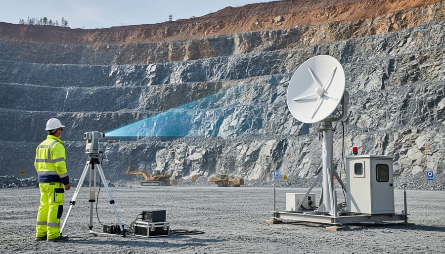 Safety inspector using laser scanning equipment to monitor quarry highwall stability