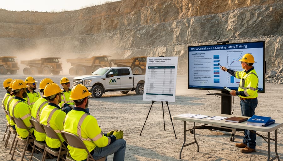 Quarry workers in safety equipment participating in compliance training session