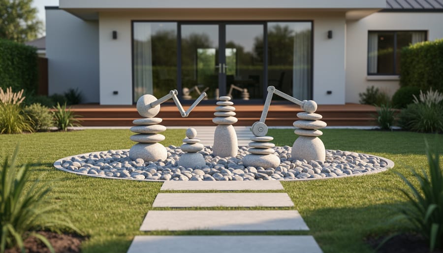 Person's hands interacting with rotating stone sphere in residential garden setting