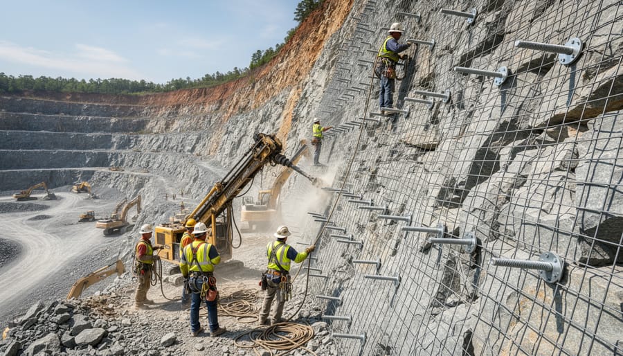 Rock bolts and wire mesh installed on quarry highwall for stabilization