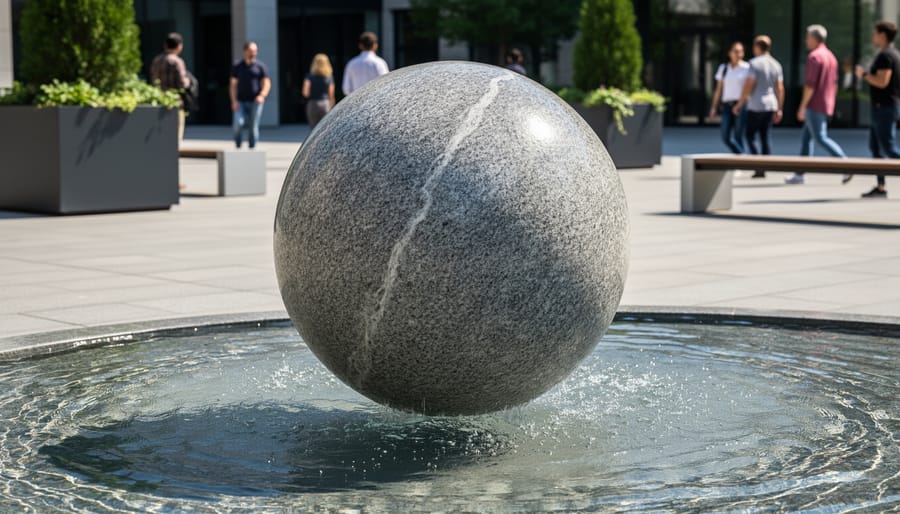 Large polished granite sphere rotating on water cushion in modern plaza installation