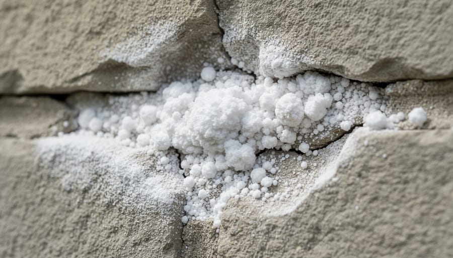 Close-up of white salt efflorescence on damaged gray stone surface showing erosion